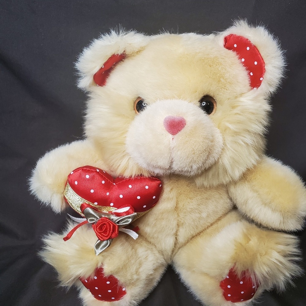 WalMart Valentine's Day Plush Stuffed Animal Beige 8" Teddy Bear Heart Polka Dot